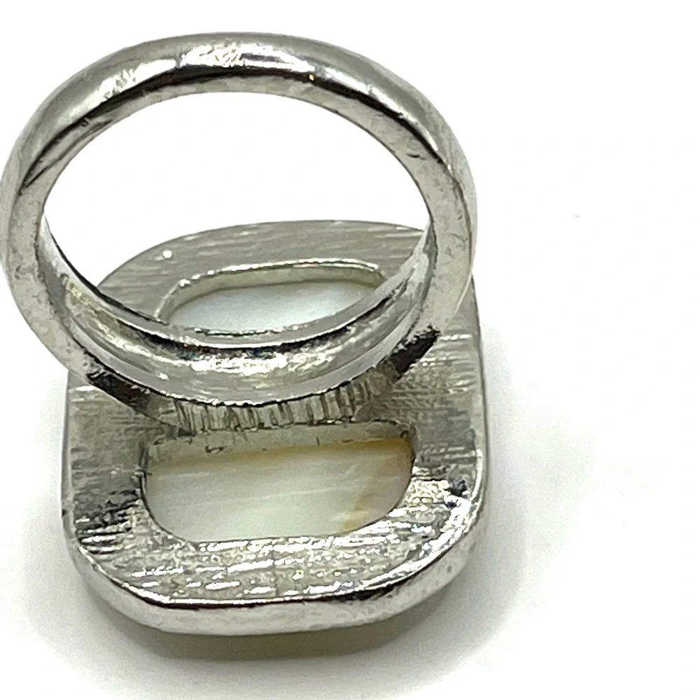 Three Silver Tone Rings with White/Opalescent Stones - Stackable Set